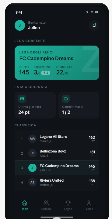 La schermata principale di Z League con punti e posizione